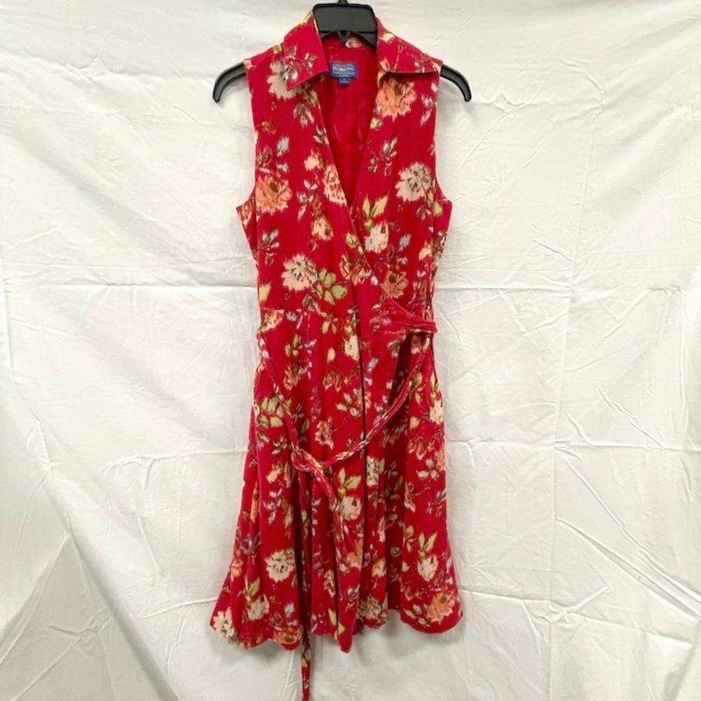 Pendleton Red Floral Wrap Dress Sleeveless Collared Tie Waist Size 6